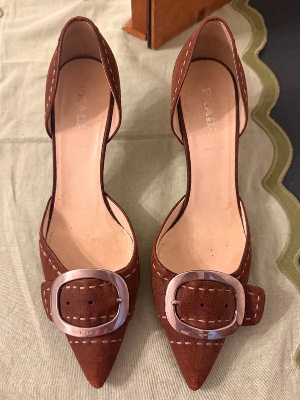 Prada Brown Leather D'Orsay Kitten Heel Pumps with Oversized Buckle – Size 39